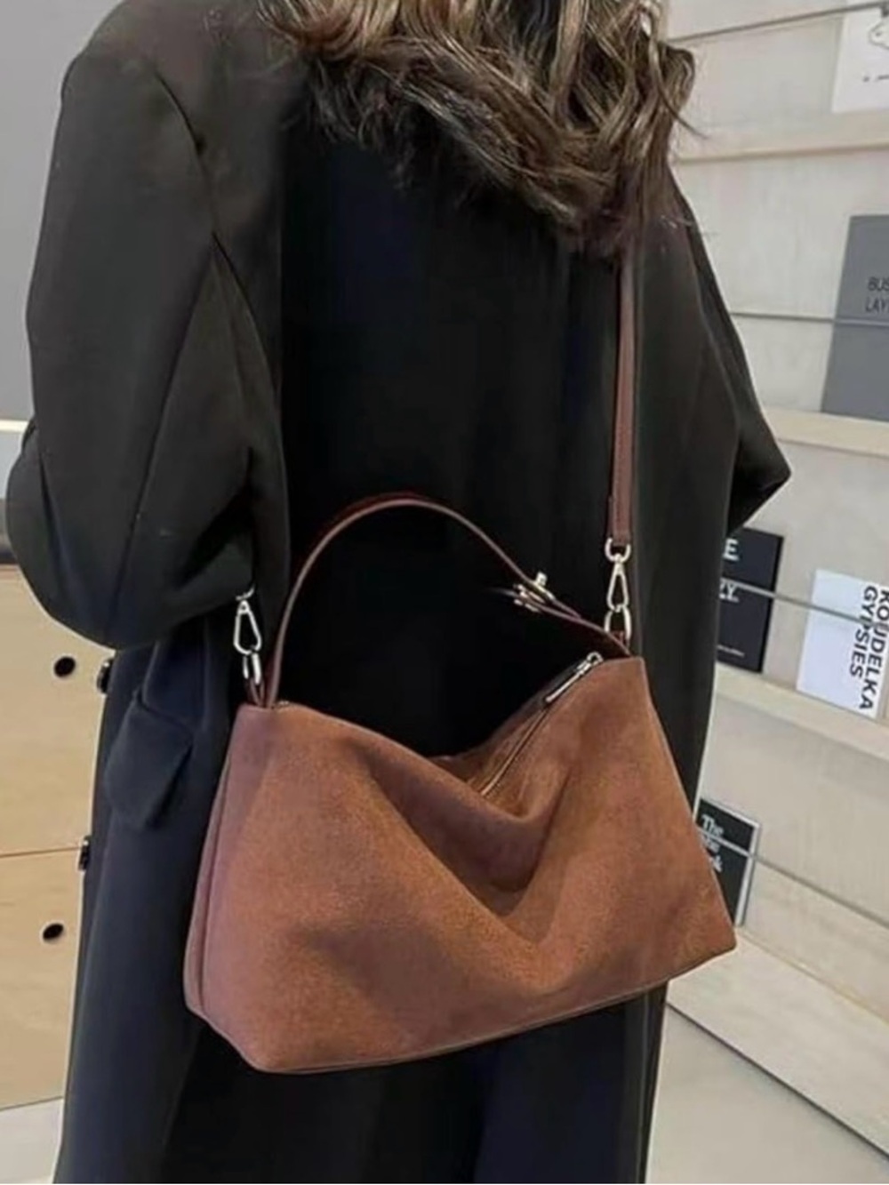 Women's Brown Faux Suede Hobo Bag - Classic Shoulder Style - Picture 2 of 12